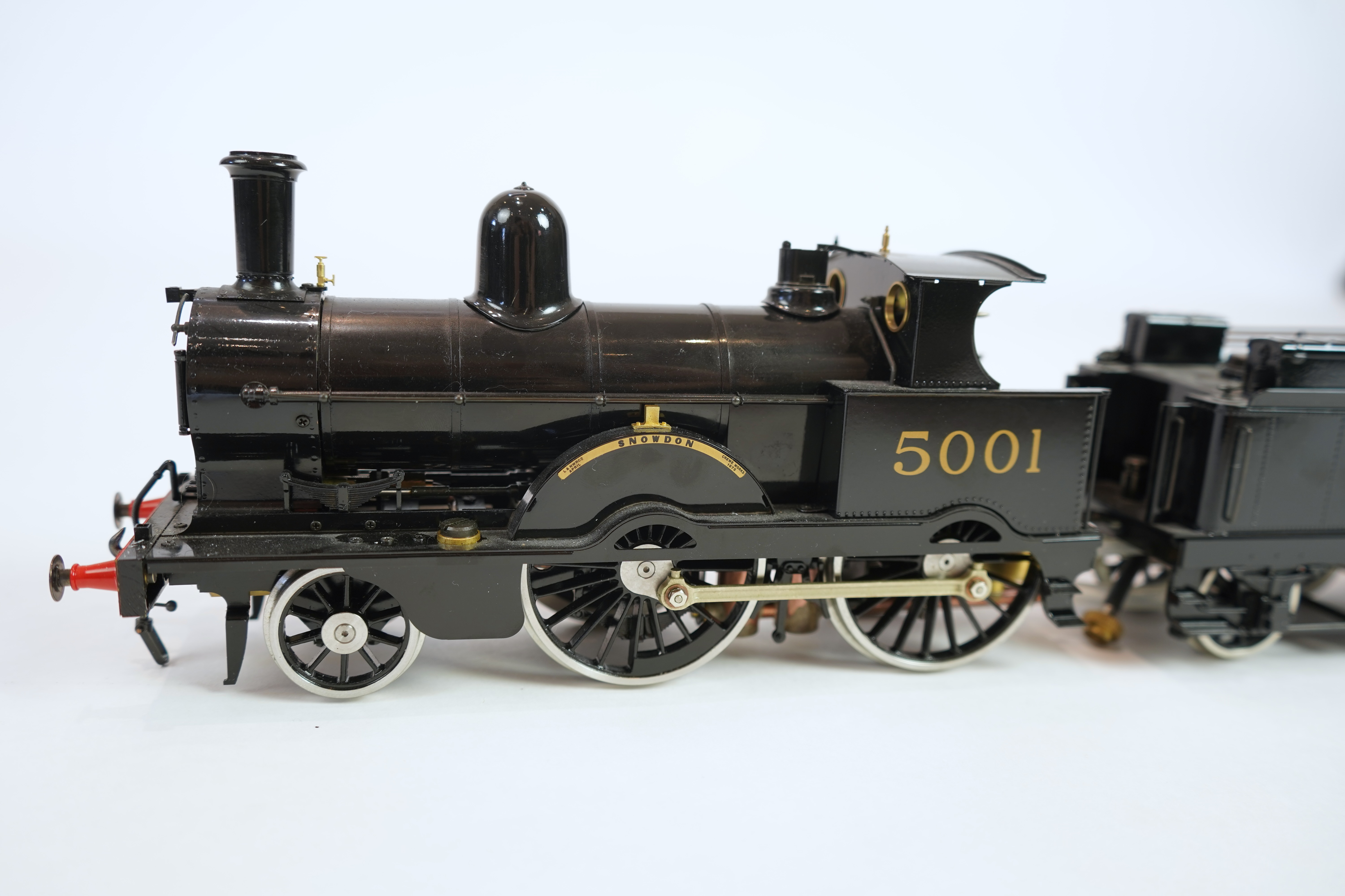 A Gauge One Aster Hobbies live steam LMS Precedent Class, 2-4-0 tender locomotive, in the final unlined black livery as Snowdon 5001, with spirit fired working two cylinder motion.
